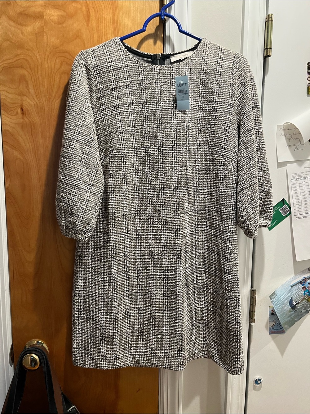 LOFT Black and White Tweed Shift Dress with Puff Sleeves